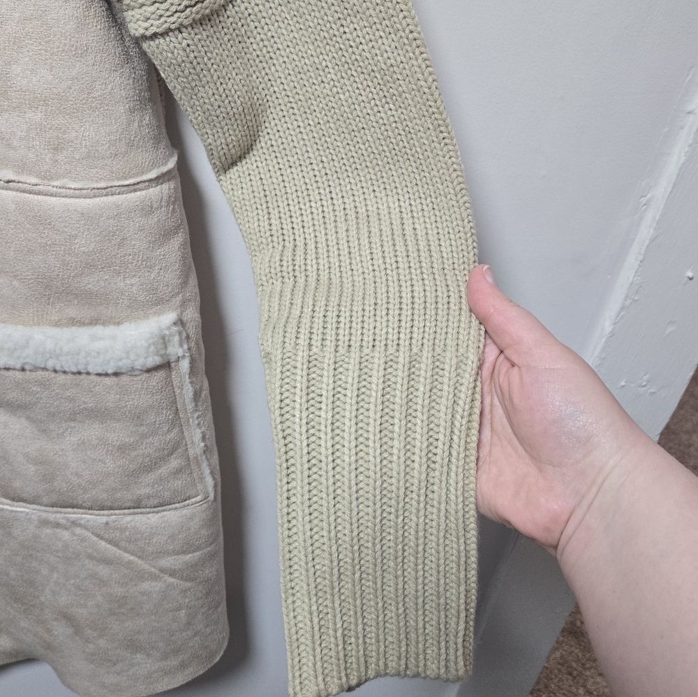 NWT WD.NY Duster Jacket Beige Cardigan Size Large Faux Sherpa Cream Tan Fall - Picture 8 of 10